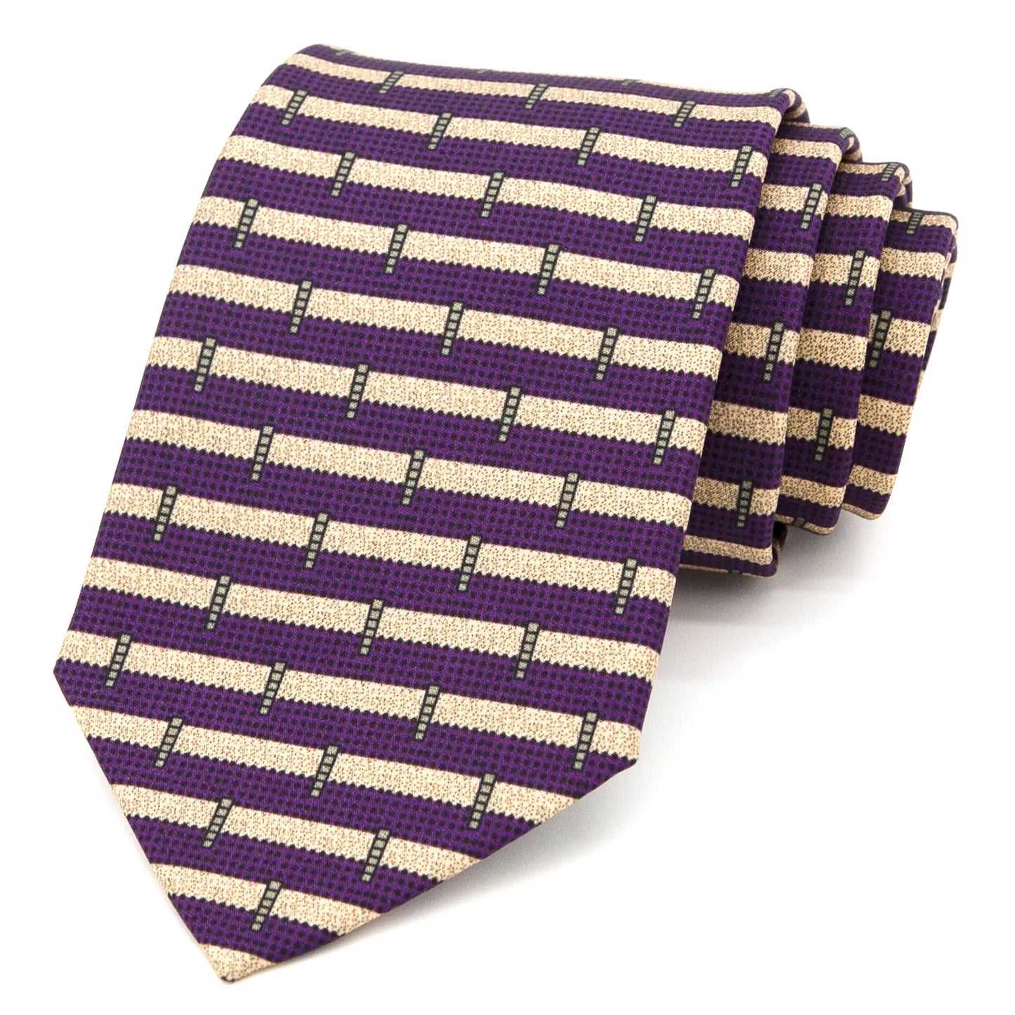 A deep purple men's necktie with a modern geometric stripe pattern in beige and black is casually knotted against a white background.