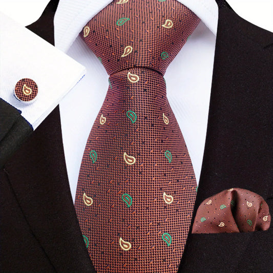 A set comprising a brown necktie with a paisley pattern, a matching pocket square, and a pair of cufflinks, displayed on a mannequin wearing a black suit and a white shirt.
