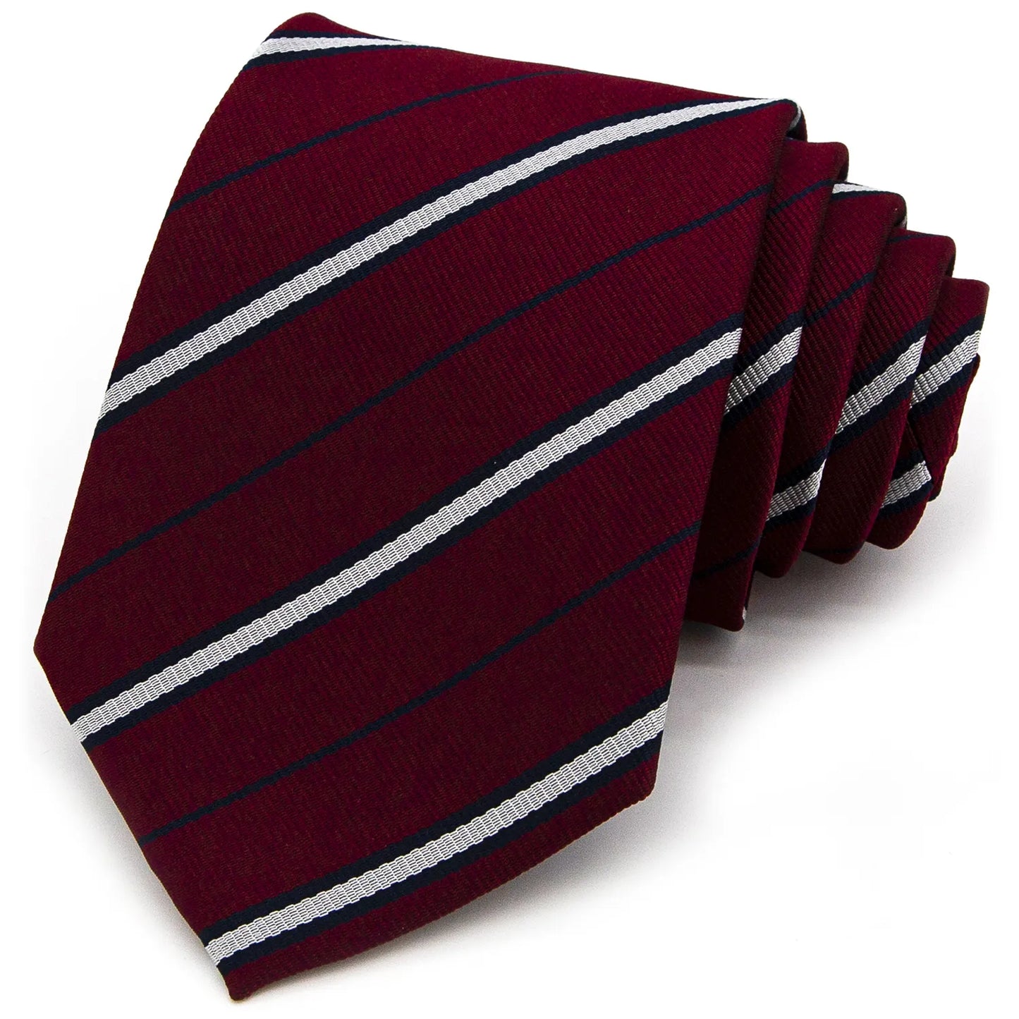 A neatly rolled burgundy men's necktie showcasing its classic diagonal stripe pattern in silver and navy blue against a clean white backdrop.