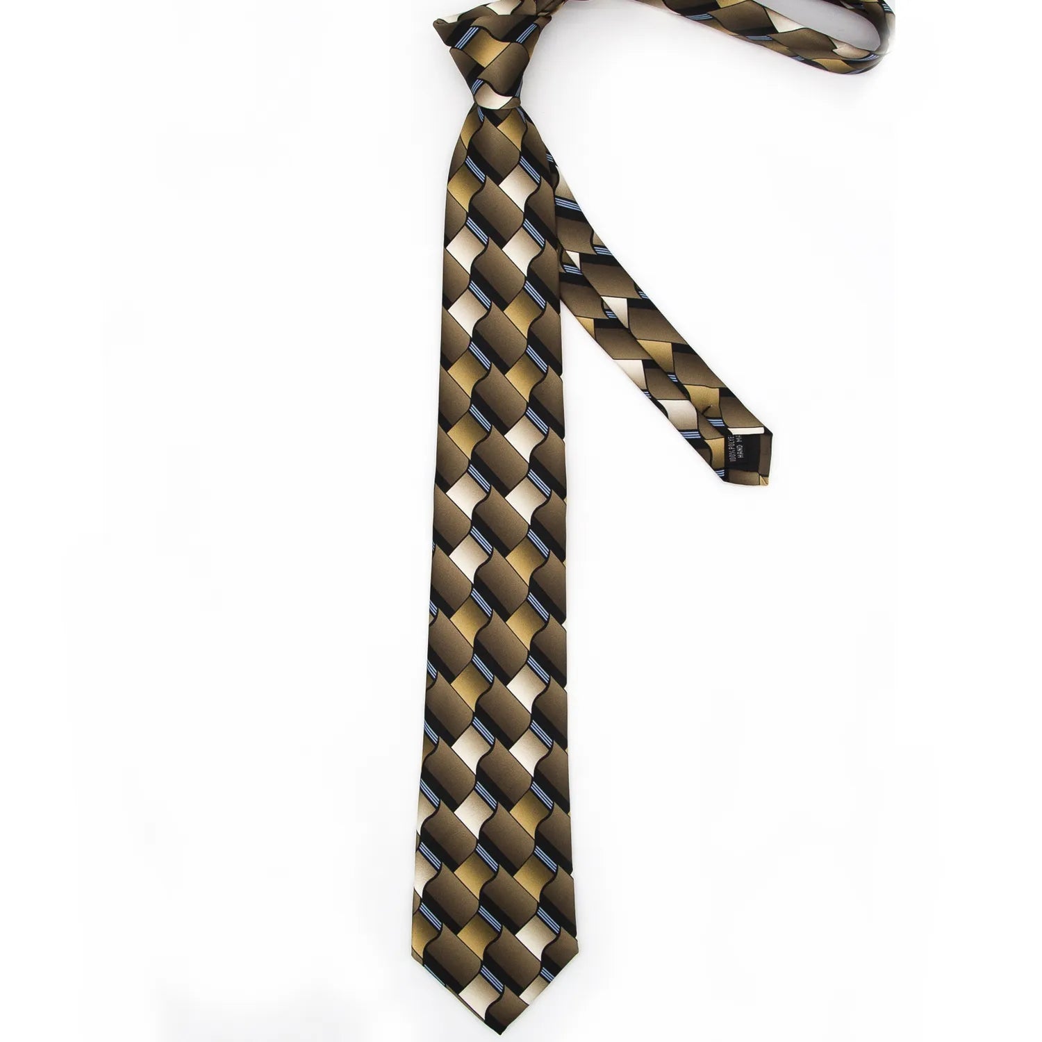 A men's necktie with a modern and layered geometric pattern in multiple brown hues, black, and thin blue stripes is neatly folded against a white background.
