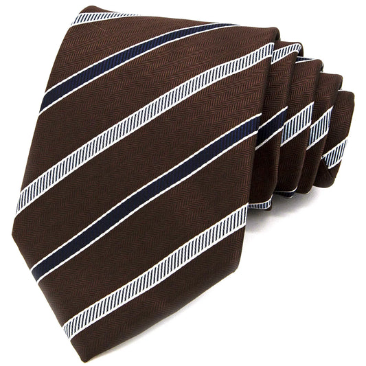 A brown men's necktie featuring diagonal stripes in white and navy blue with a subtle herringbone texture is casually displayed against a white background.