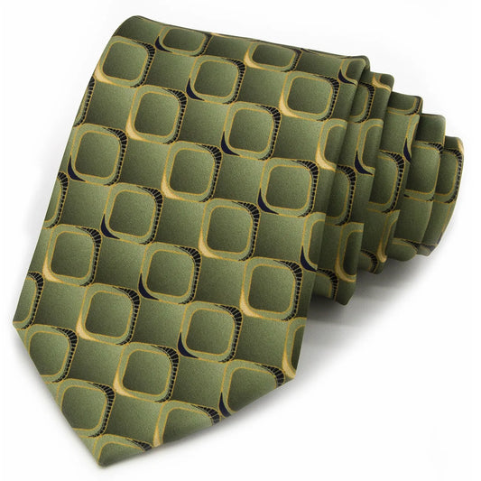 A neatly rolled gray-green men's necktie showcasing its contemporary rounded square geometric design with brown and black outlines and gold details against a clean white backdrop.
