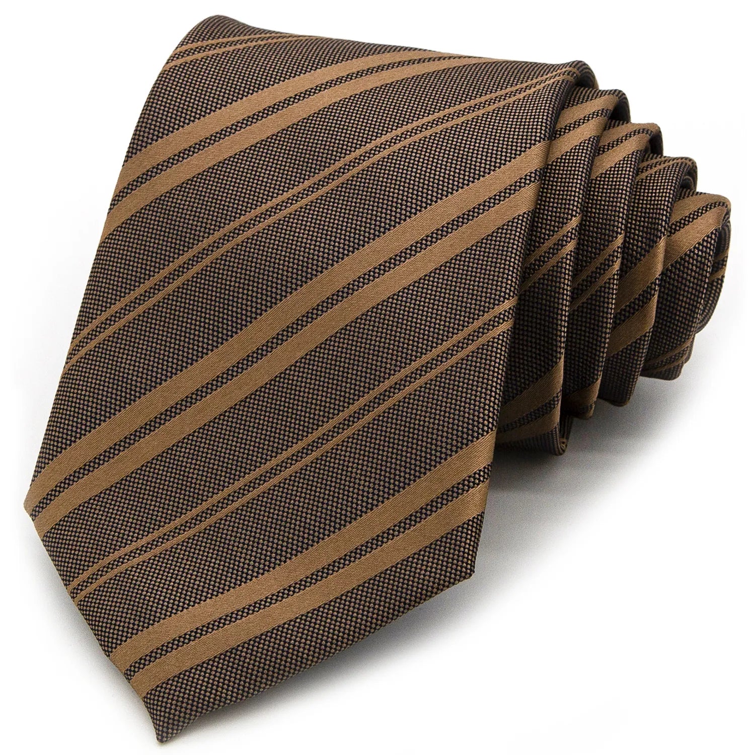 A neatly rolled dark brown men's necktie showcasing its classic diagonal stripe pattern in a lighter brown hue, both with a subtle texture, against a clean white backdrop.