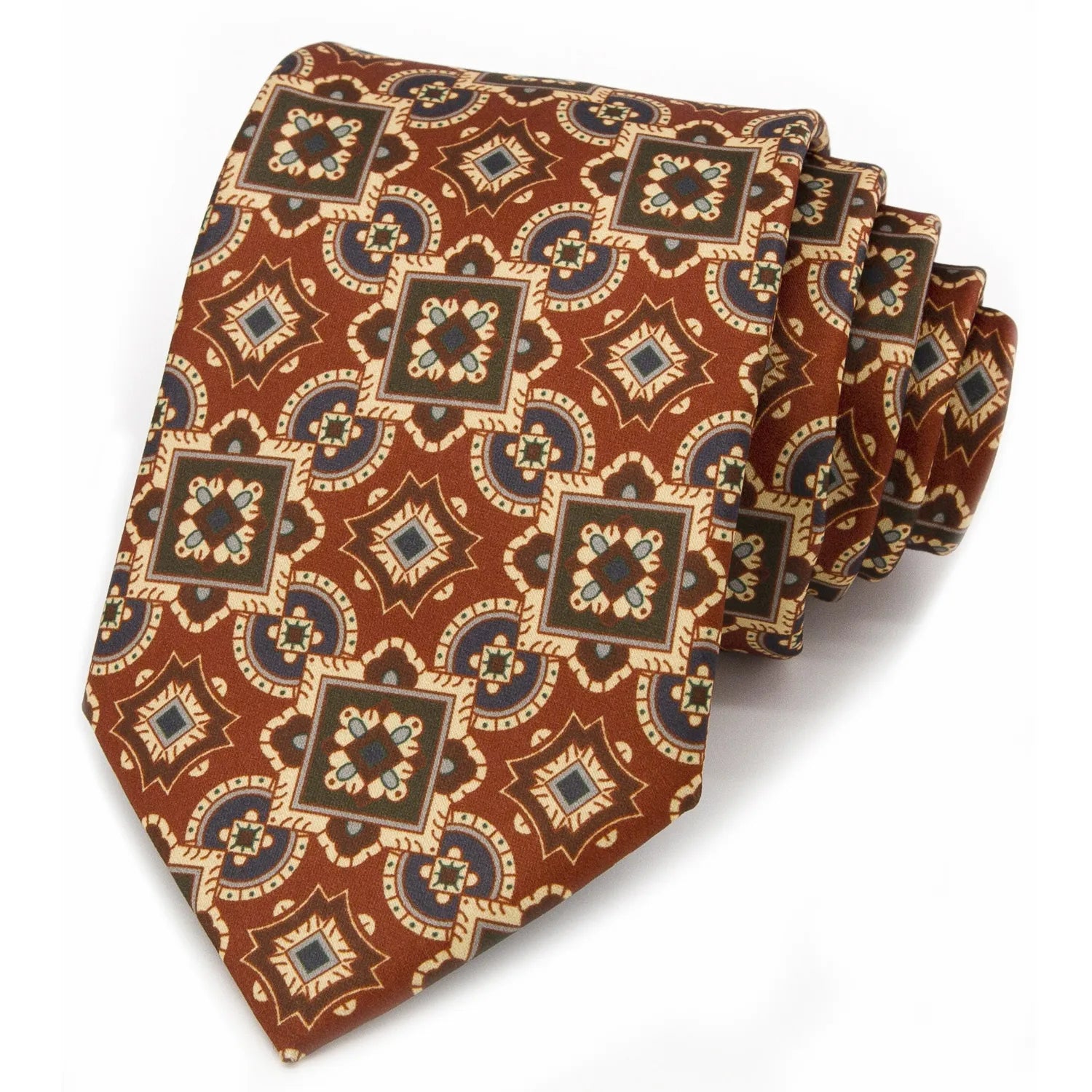 A neatly rolled red-brown men's necktie showcasing its intricate geometric design in blue, beige, and green, featuring squares, circles, and star elements, against a clean white backdrop.