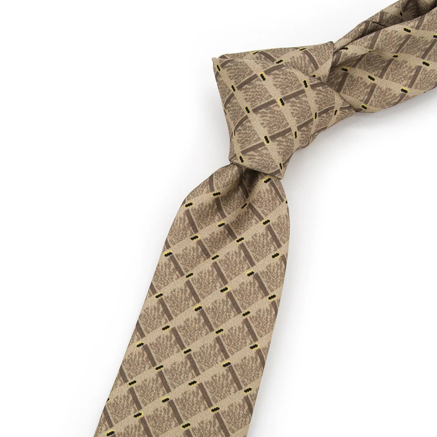 A neatly folded light brown men's necktie showcasing its subtle geometric pattern of dark brown diamonds and yellow dashes against a clean white surface.