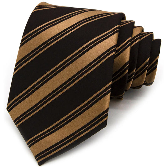 A neatly rolled dark brown men's necktie showcasing its classic diagonal stripe pattern in a rich, lustrous gold against a clean white backdrop.