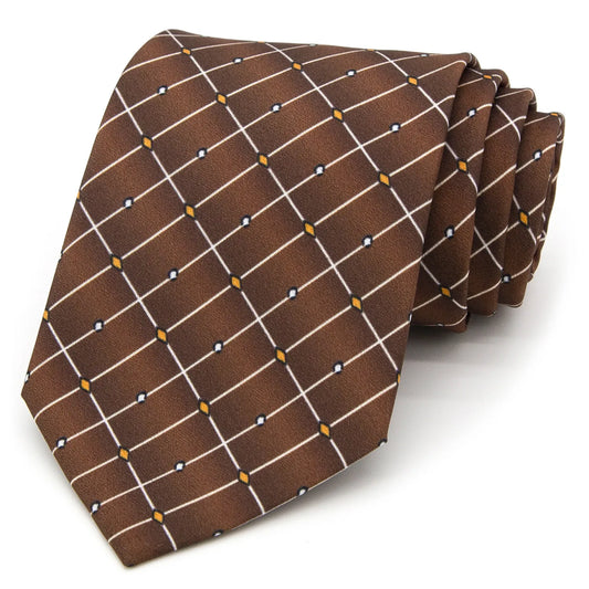 A brown men's necktie featuring a modern grid pattern formed by white lines, with orange and light blue dots at the intersections, is casually knotted against a white background.