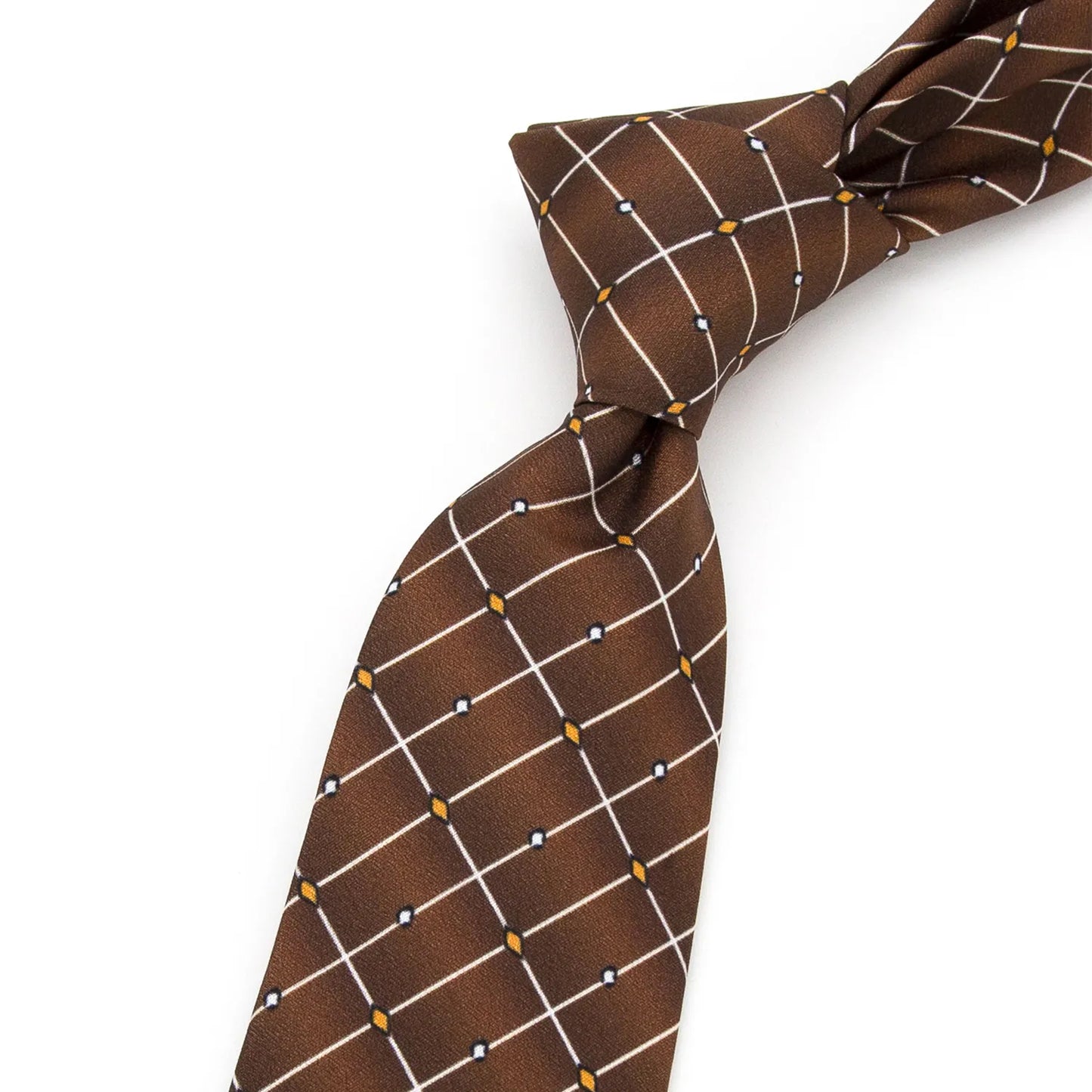 A neatly rolled brown men's necktie displaying its modern grid pattern with colorful dot accents in white, orange, and light blue against a clean white surface.