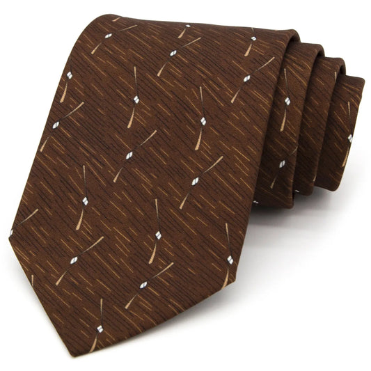 A brown men's necktie featuring a modern abstract pattern of white, beige, and brown lines and small diamonds is casually knotted against a white background.