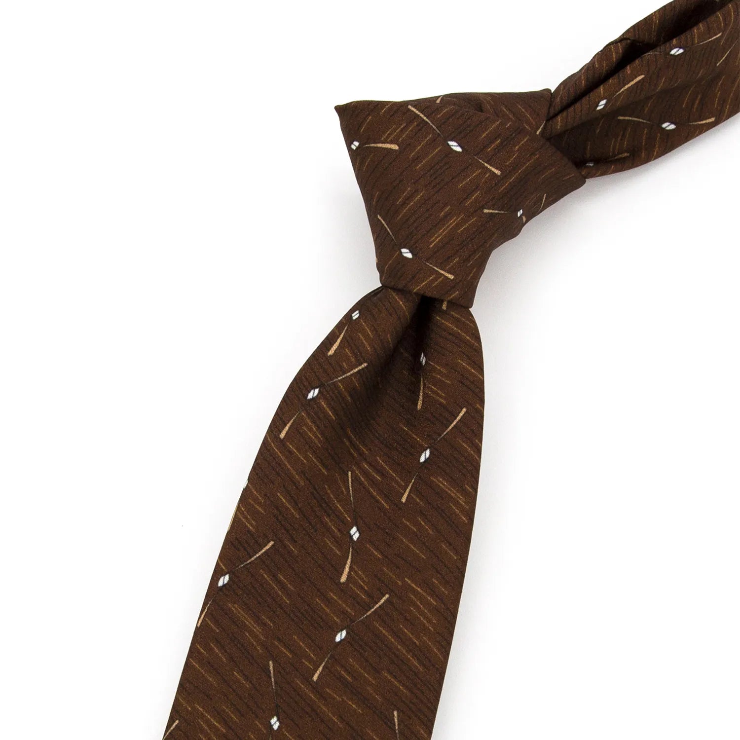 A neatly rolled brown men's necktie displaying its modern abstract pattern of white, beige, and brown lines and small diamonds against a clean white surface.