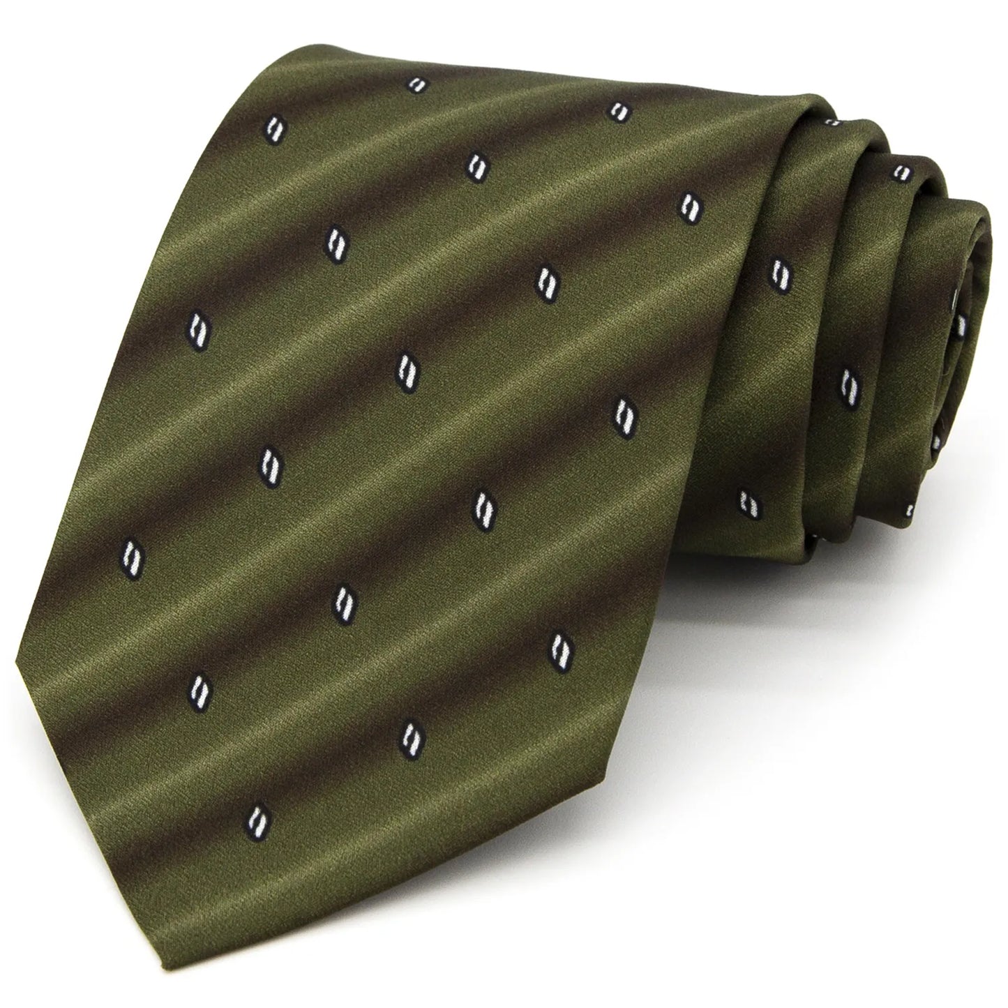 An olive green men's necktie featuring subtle dark green stripes and small white arc patterns is casually knotted against a white background.