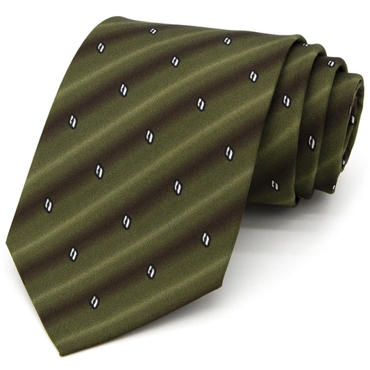 An olive green men's necktie featuring subtle dark green stripes and small white arc patterns is casually knotted against a white background.