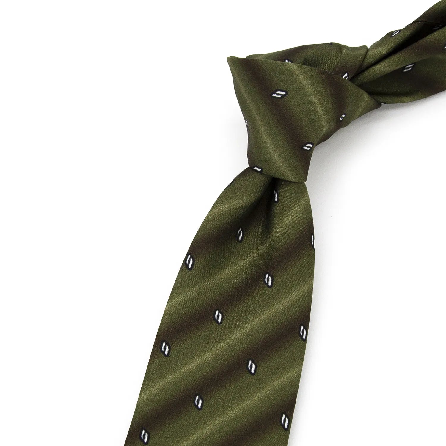 A neatly folded olive green men's necktie showcasing its subtle pattern of dark green stripes and small white arcs against a clean white surface.