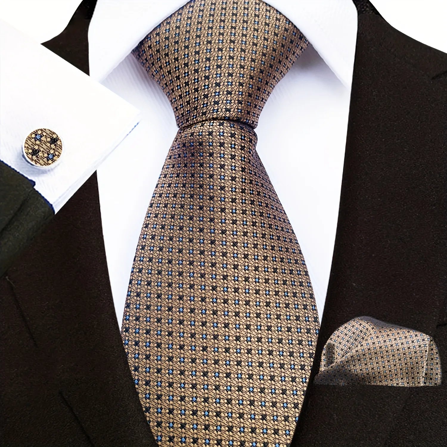 A set of men's formal attire including a brown and gold geometric patterned necktie, matching pocket square, and cufflinks, displayed on a white background.