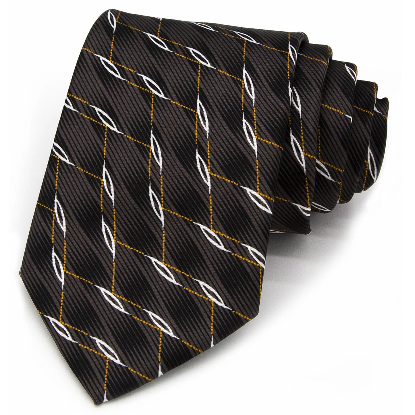 A dark grey men's necktie featuring a modern curved grid pattern in white and gold is tied in a four-in-hand knot on a crisp white button-down shirt, suitable for business casual and modern style.