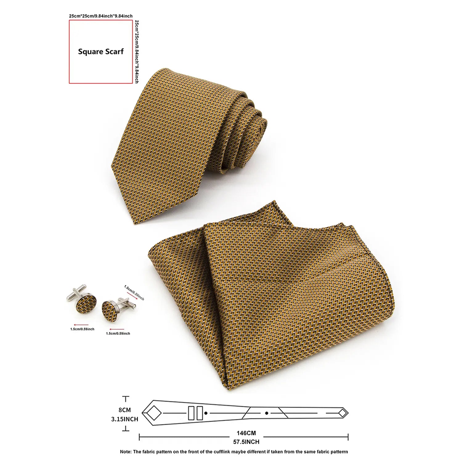 A matching set of a gold and black patterned necktie, pocket square, and cufflinks laid out on a white background with dimension labels.