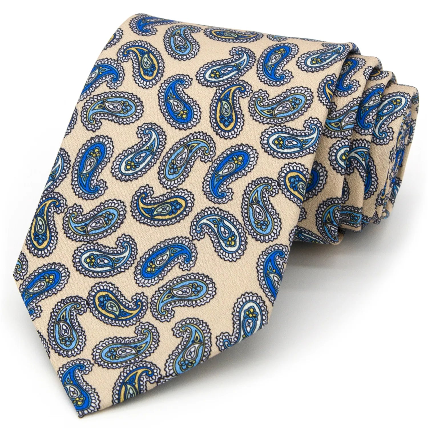 A beige men's necktie featuring a classic paisley pattern in shades of blue and yellow is casually knotted against a white background.