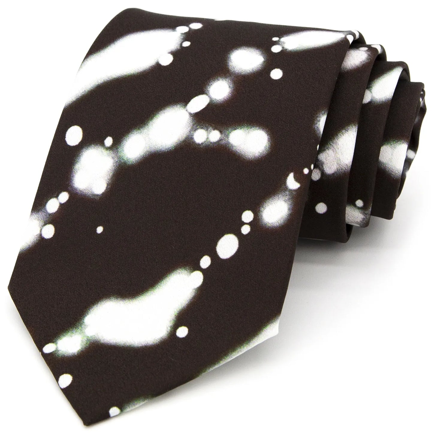 A dark brown men's necktie featuring an abstract white and light green ink wash style pattern is casually knotted against a white background.