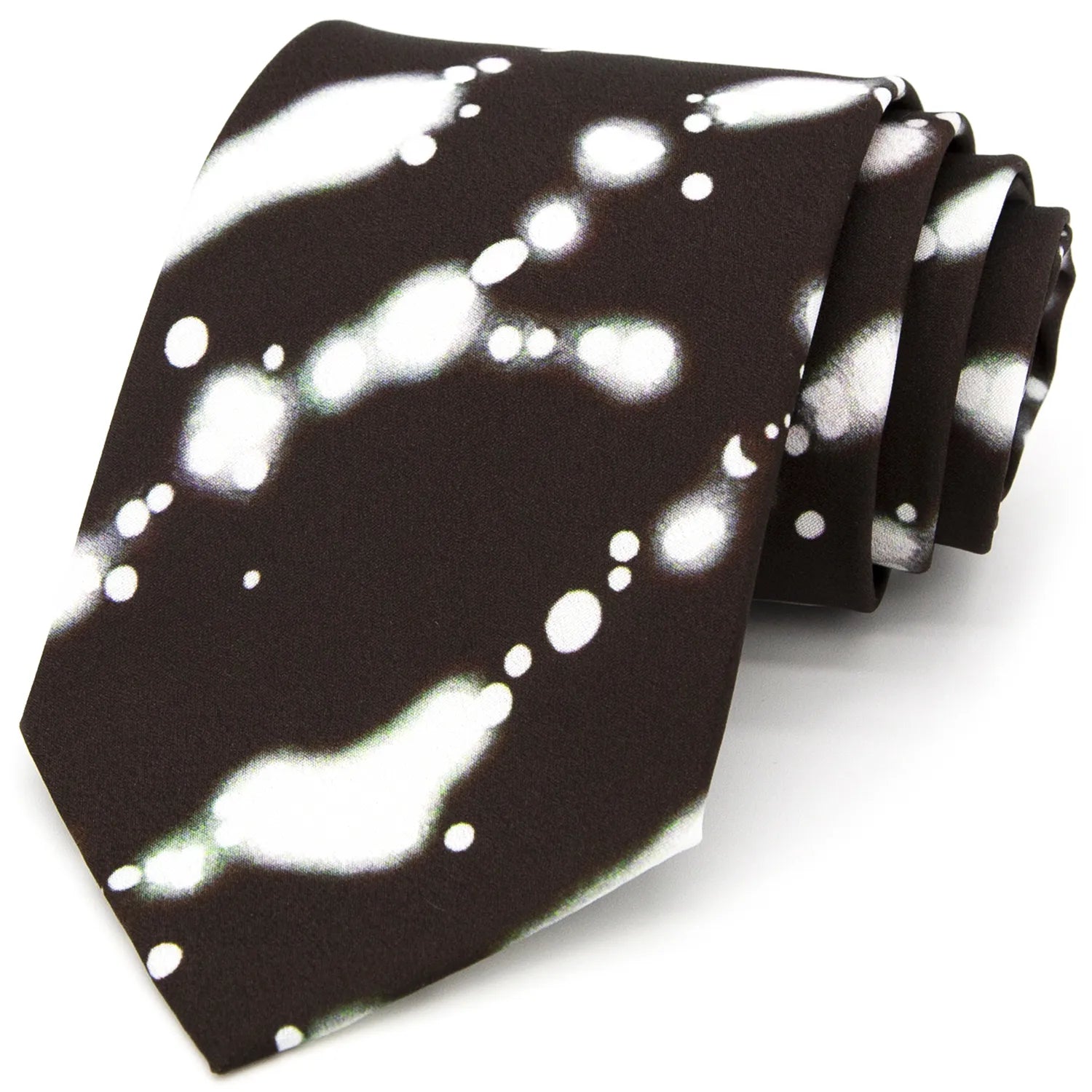 A dark brown men's necktie featuring an abstract white and light green ink wash style pattern is casually knotted against a white background.