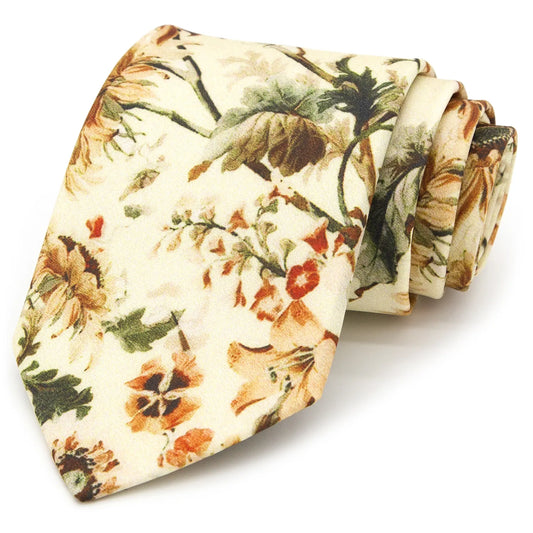 A cream-colored men's necktie featuring a vintage-style floral pattern in shades of brown, orange, and green is casually knotted against a white background.