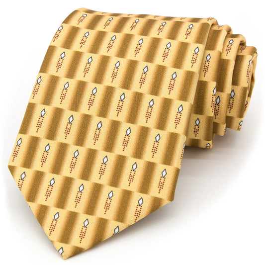 A neatly rolled gold and brown checkered men's necktie showcasing its intricate abstract geometric design in white, blue, and brown against a clean white backdrop.