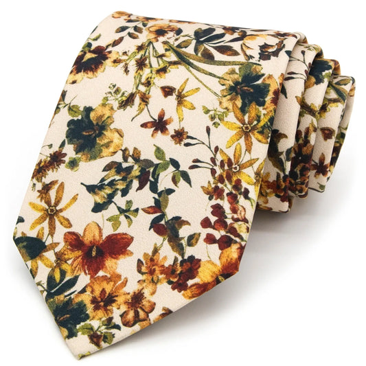 A light beige men's necktie featuring a soft and delicate floral pattern in shades of brown, yellow, and green is casually knotted against a white background.