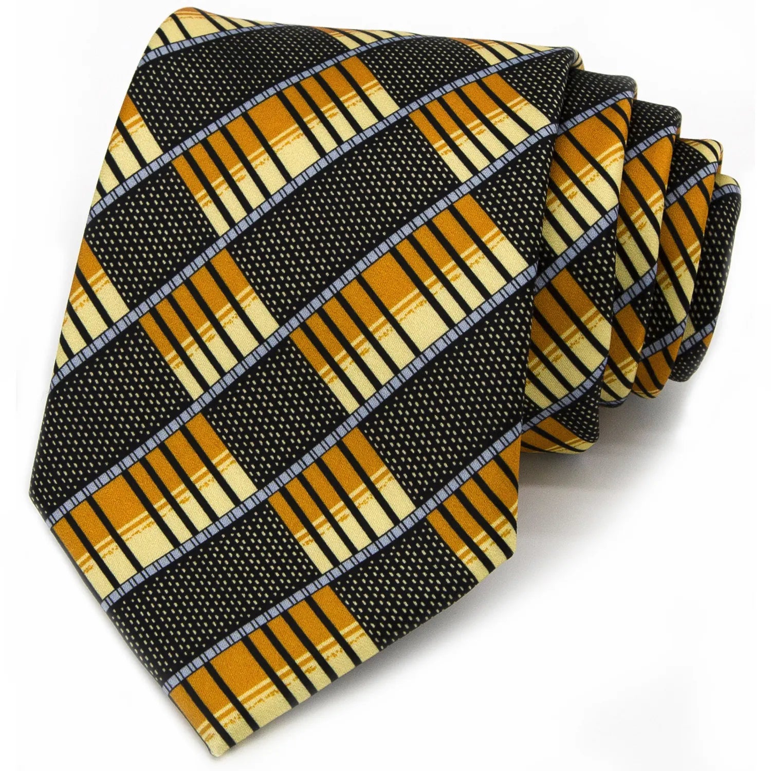 A neatly rolled dark grey men's necktie showcasing its striking angled plaid design in orange, beige, and light blue with a subtle texture against a clean white backdrop.