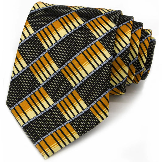 A neatly rolled dark grey men's necktie showcasing its striking angled plaid design in orange, beige, and light blue with a subtle texture against a clean white backdrop.