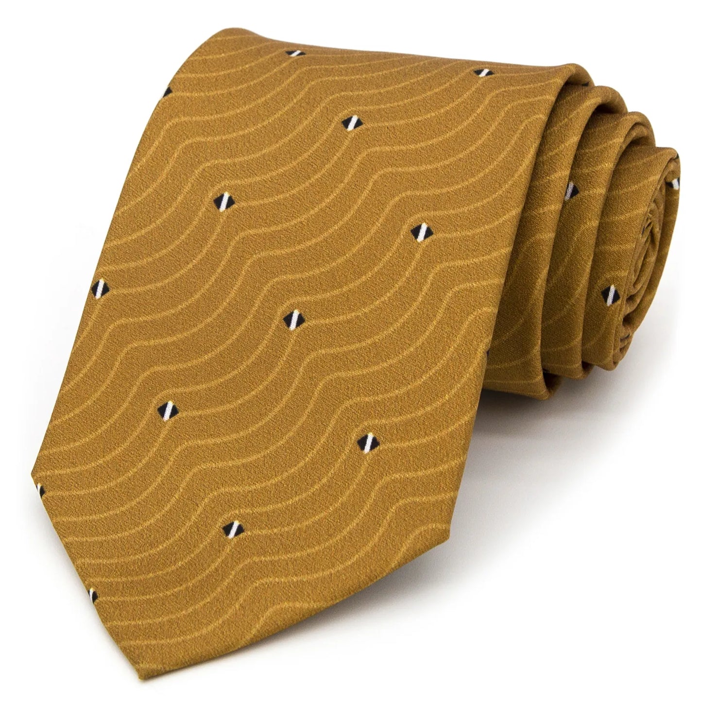 A gold and brown men's necktie featuring a subtle wavy line pattern in beige and small black and white diamonds is casually knotted against a white background.