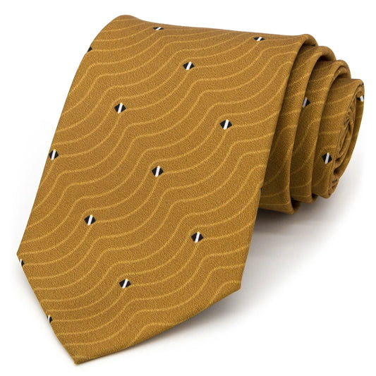 A gold and brown men's necktie featuring a subtle wavy line pattern in beige and small black and white diamonds is casually knotted against a white background.