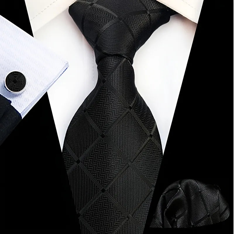 A complete men's tie set laid out, featuring a brown necktie with a modern abstract wave pattern in blue, red, and beige, a matching pocket square, and a pair of silver-toned cufflinks, ready for a stylish or business casual occasion.