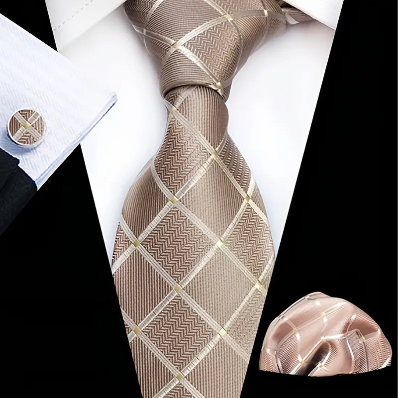 The XueDouLing Tie distinguished brown tie set is elegantly displayed, showcasing the rich brown and gold patterned necktie, its coordinated pocket square, and polished cufflinks, presenting a cohesive and refined ensemble for the confident gentleman.