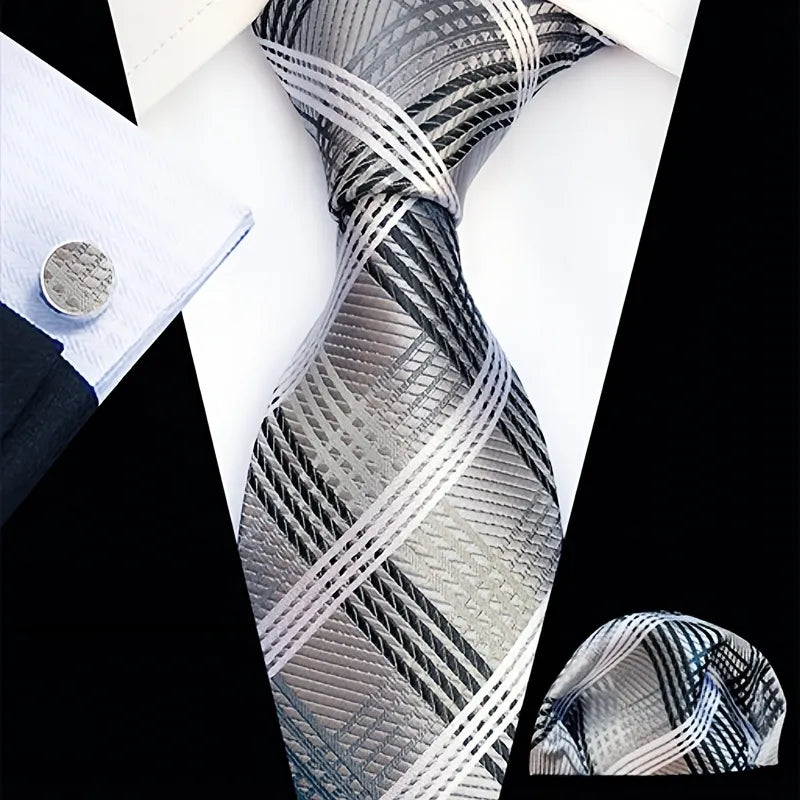 The XueDouLing Tie distinguished navy stripe tie set is elegantly displayed, showcasing the timeless striped necktie, its coordinated pocket square, and polished cufflinks, presenting a cohesive and refined ensemble for the confident professional.