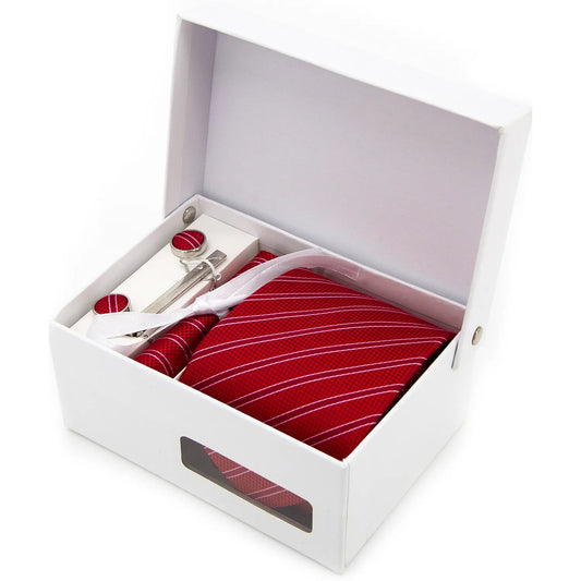 A full view of the rich burgundy red men's necktie from XueDouLing Tie, neatly laid flat to clearly show its striking geometric pattern in crisp white and subtle light grey, highlighting the intricate detail and texture of the fabric.
