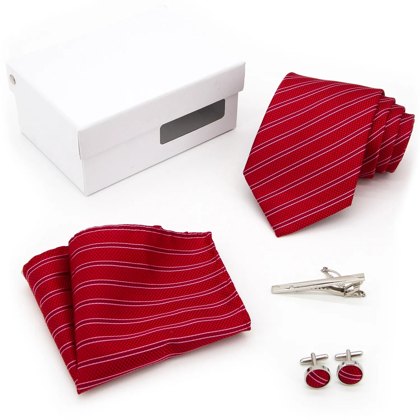 The XueDouLing Tie distinguished burgundy tie set is elegantly displayed, showcasing the vibrant patterned necktie, its coordinated pocket square, and polished cufflinks, presenting a cohesive and refined ensemble for the confident professional.