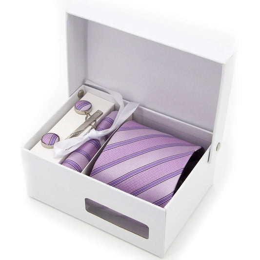 A full view of the rich purple-pink (berry/amethyst) men's necktie from XueDouLing Tie, neatly laid flat to clearly show its classic diagonal stripe pattern in deep charcoal grey, highlighting the intricate detail and luxurious texture of the fabric.