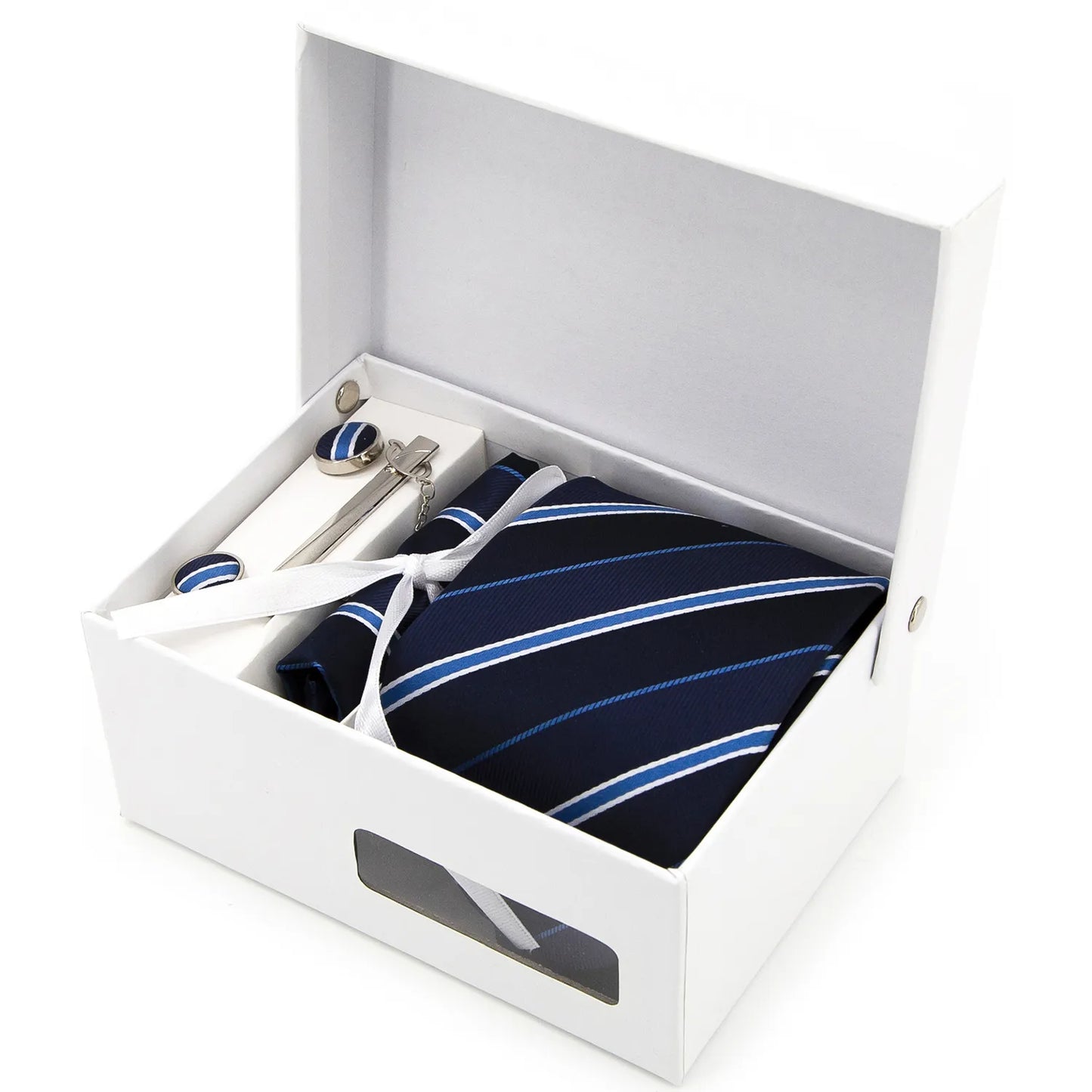 A complete men's tie gift box set, featuring a deep navy blue necktie with subtle, almost tonal light blue diagonal stripes or woven texture, a perfectly matched pocket square, and a pair of sleek silver-toned cufflinks, elegantly presented for a sophisticated professional.