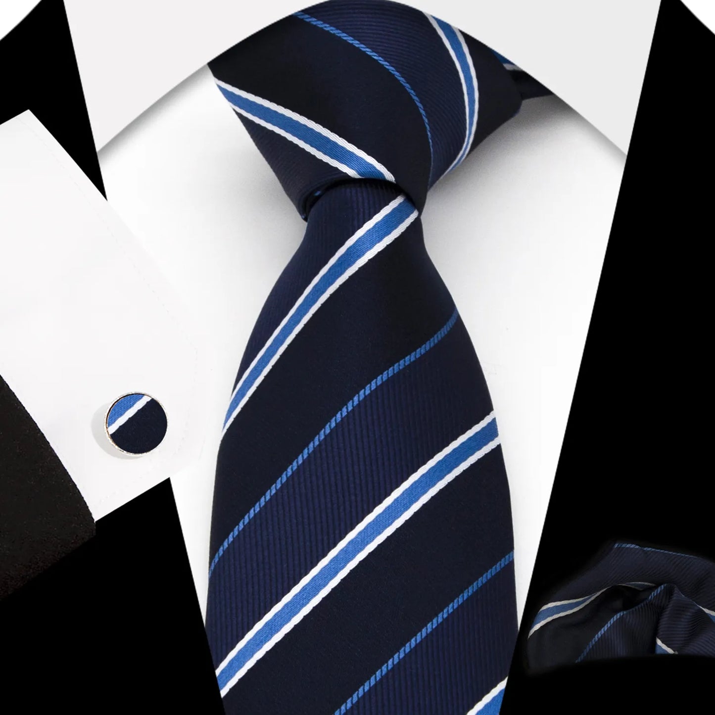 A full view of the luxurious deep navy blue men's necktie from XueDouLing Tie, neatly laid flat, highlighting its subtle light blue diagonal stripe pattern or woven texture and rich, consistent color, emphasizing its classic and versatile appeal.