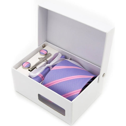 The XueDouLing Tie vibrant purple-pink striped tie set is meticulously arranged inside a gift box, showcasing the patterned rich berry-toned necktie, coordinating pocket square, and polished cufflinks, ready for gifting or immediate use.