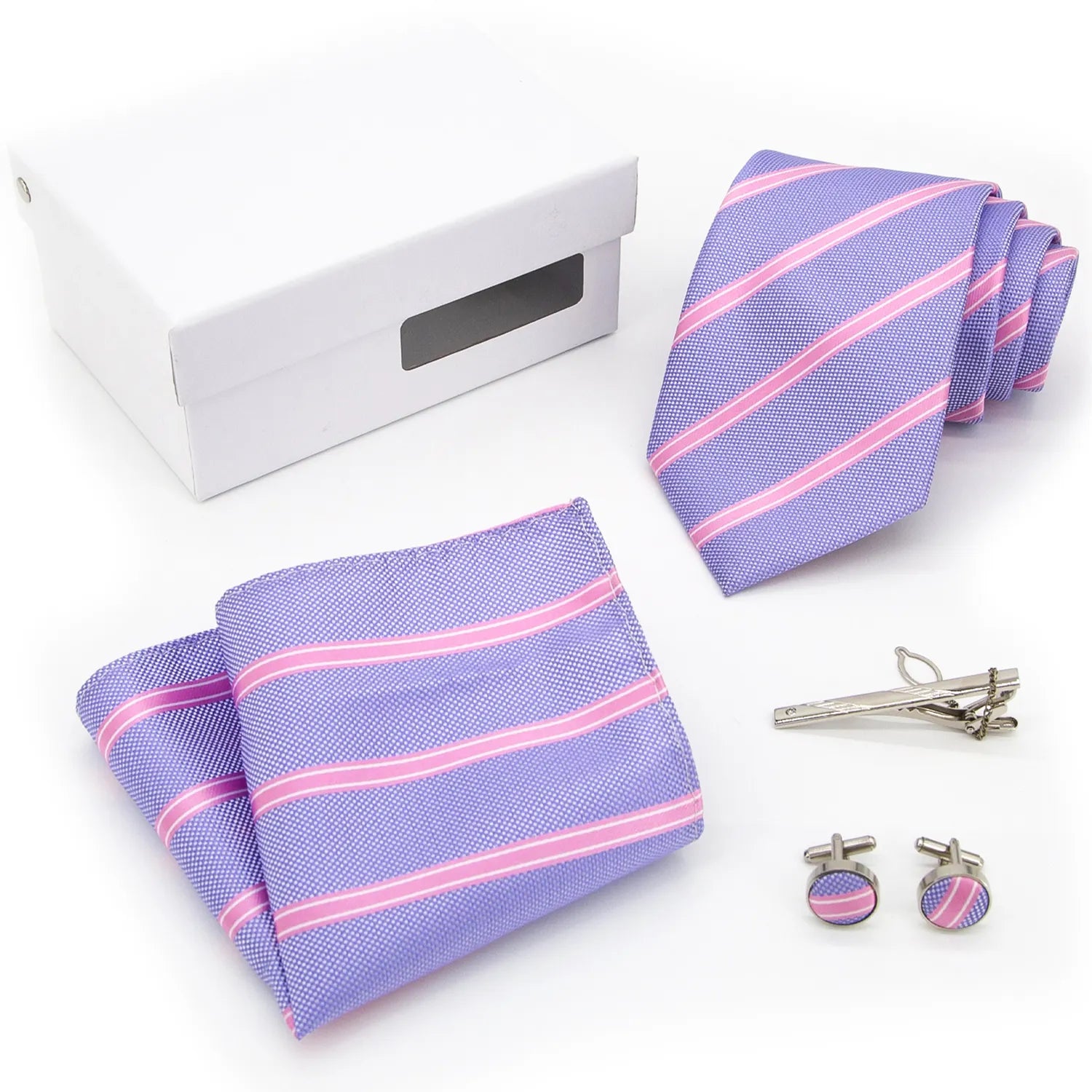 A complete men's tie gift box set, featuring a rich purple-pink (berry) necktie with classic diagonal stripes in deep grey and lighter grey tones, a perfectly matched pocket square, and a pair of sleek silver-toned cufflinks, elegantly presented for a distinctive and stylish professional.