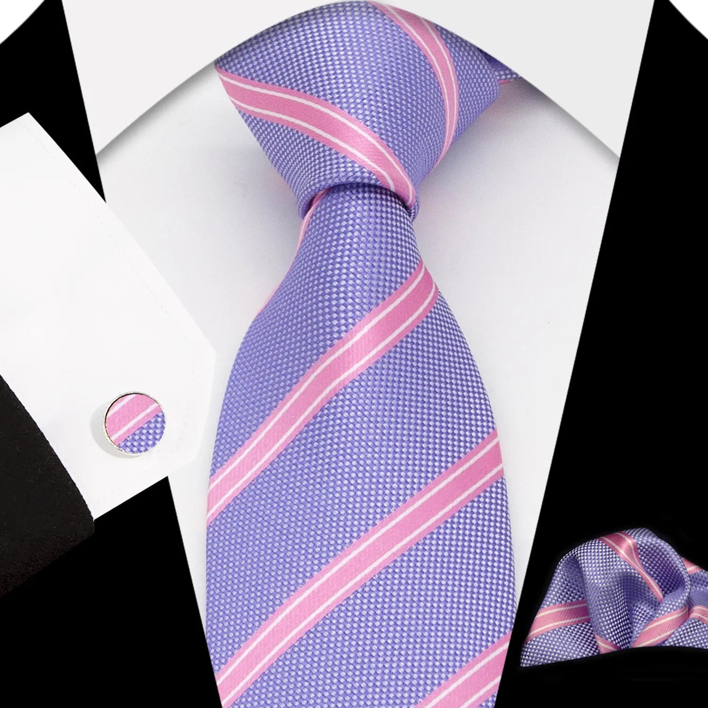 A full view of the luxurious purple-pink (berry) men's necktie from XueDouLing Tie, neatly laid flat, clearly highlighting its classic diagonal stripe pattern in deep grey and lighter grey tones, emphasizing its bold and sophisticated texture and design.
