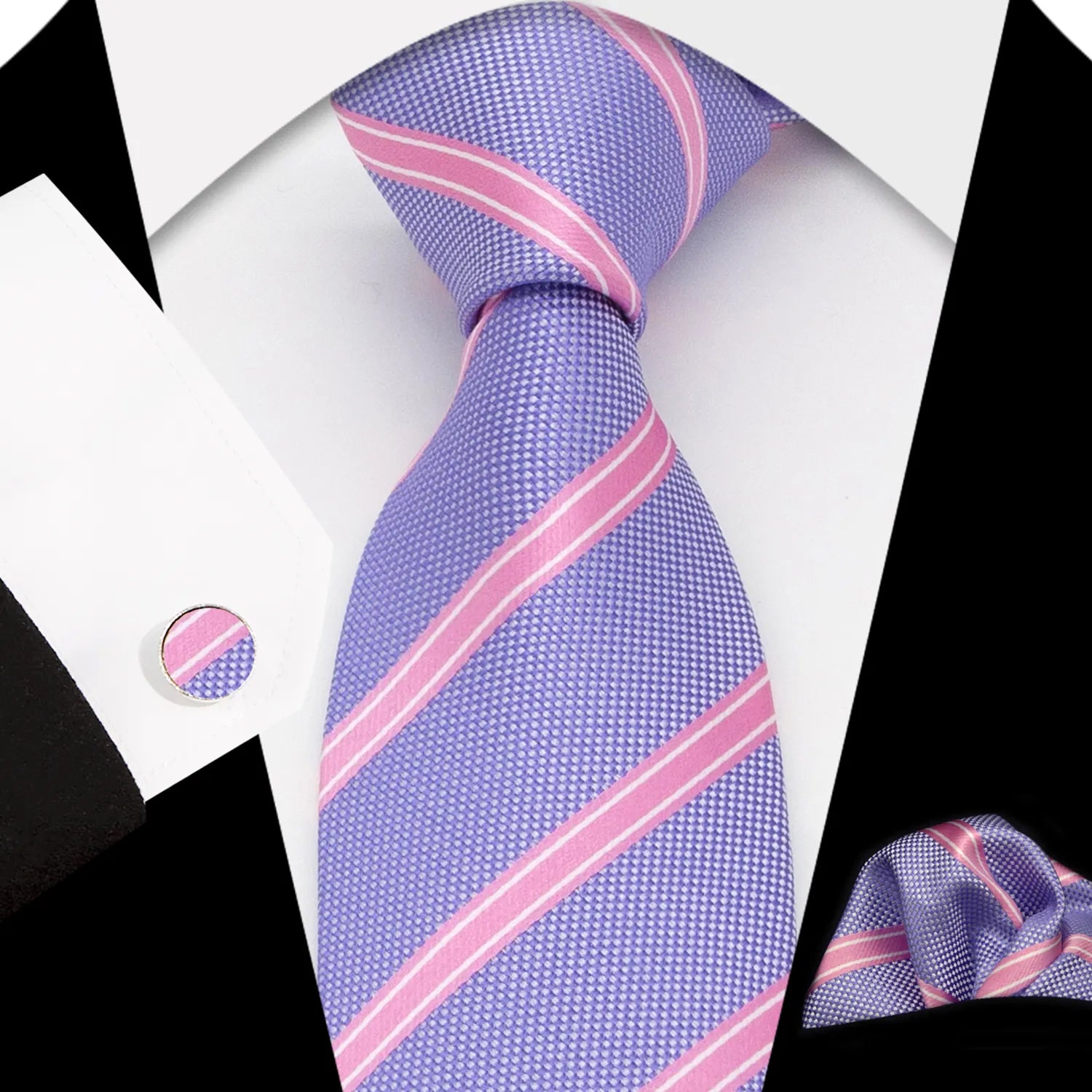 A full view of the luxurious purple-pink (berry) men's necktie from XueDouLing Tie, neatly laid flat, clearly highlighting its classic diagonal stripe pattern in deep grey and lighter grey tones, emphasizing its bold and sophisticated texture and design.