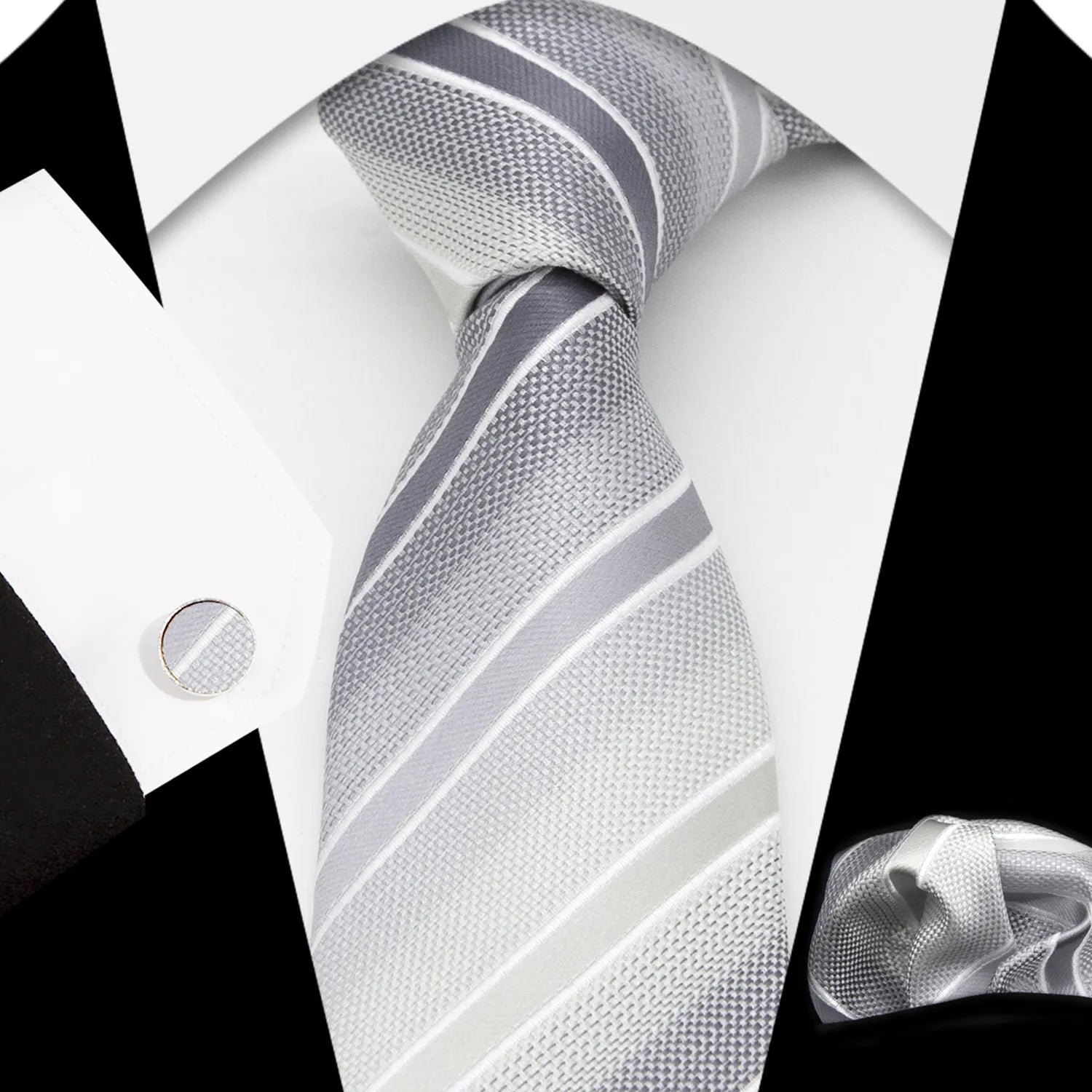 A full view of the luxurious silver-grey men's necktie from XueDouLing Tie, neatly laid flat, clearly highlighting its intricate dark grey and light geometric diamond pattern, emphasizing its refined texture and modern, sophisticated design.