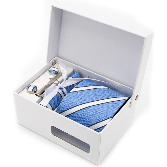 A full view of the luxurious sky blue men's necktie from XueDouLing Tie, neatly laid flat, clearly highlighting its subtle dark blue and white geometric diamond pattern, emphasizing its refreshing texture and refined modern design.