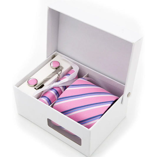 A full view of the luxurious soft pink men's necktie from XueDouLing Tie neatly laid flat clearly highlighting its classic diagonal stripe pattern in crisp white and vibrant blue emphasizing its refreshing texture and cheerful design