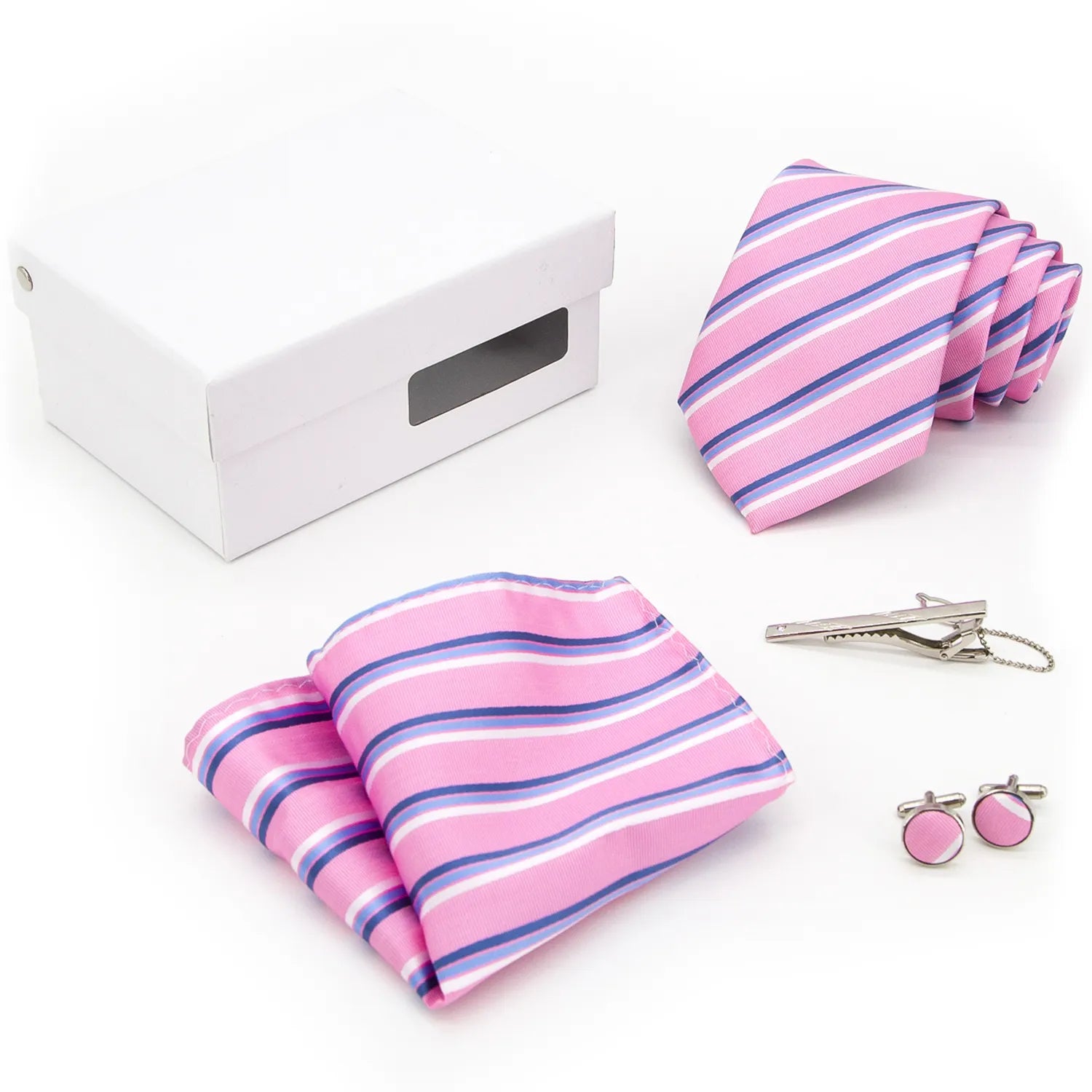 The XueDouLing Tie cheerful pink striped tie set is meticulously arranged inside a gift box showcasing the patterned soft pink necktie coordinating pocket square and polished cufflinks ready for gifting or immediate use
