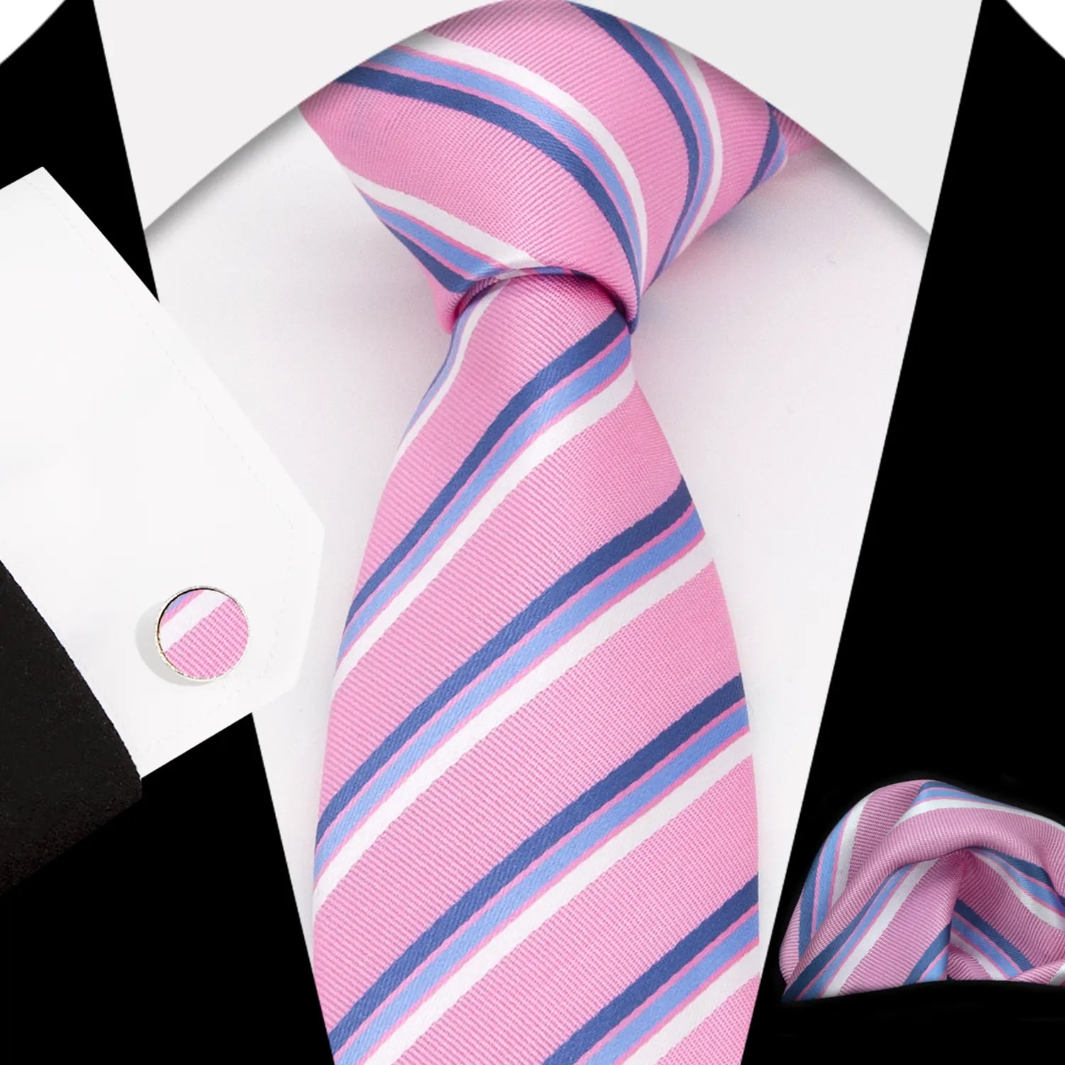 A complete men's tie gift box set featuring a soft pink necktie with classic diagonal stripes in crisp white and vibrant blue a perfectly matched pocket square and a pair of sleek silver-toned cufflinks elegantly presented for a charming and stylish individual