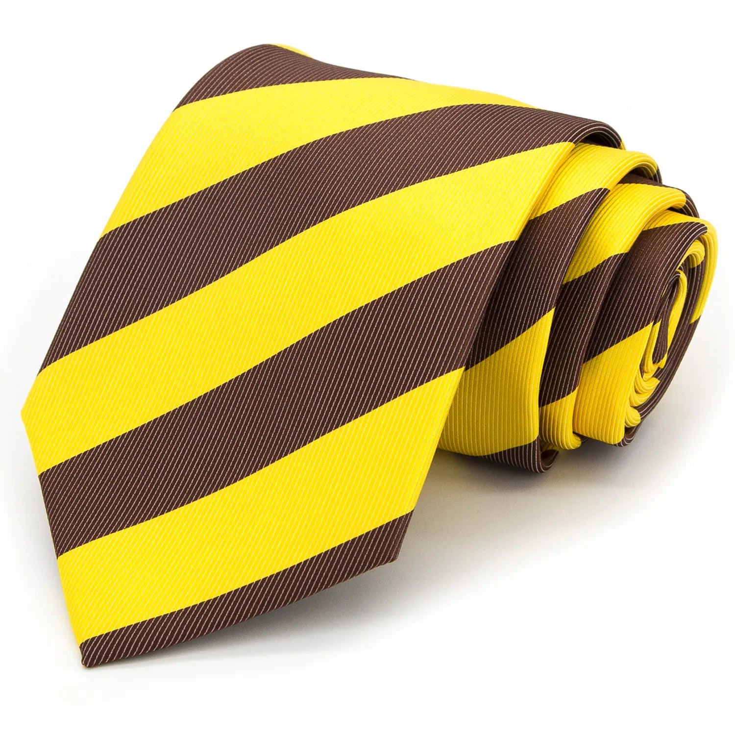 Close up of a sophisticated men's tie featuring striking diagonal stripes in vibrant yellow and warm brown highlighting the elegant pattern and rich color combination