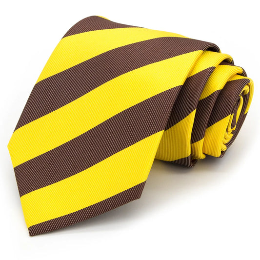 Close up of a sophisticated men's tie featuring striking diagonal stripes in vibrant yellow and warm brown highlighting the elegant pattern and rich color combination
