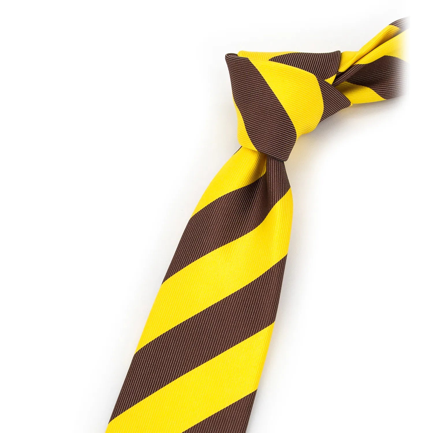 Neatly tied men's tie with prominent yellow and brown diagonal stripes shown on a crisp white shirt ready for a sharp professional ensemble